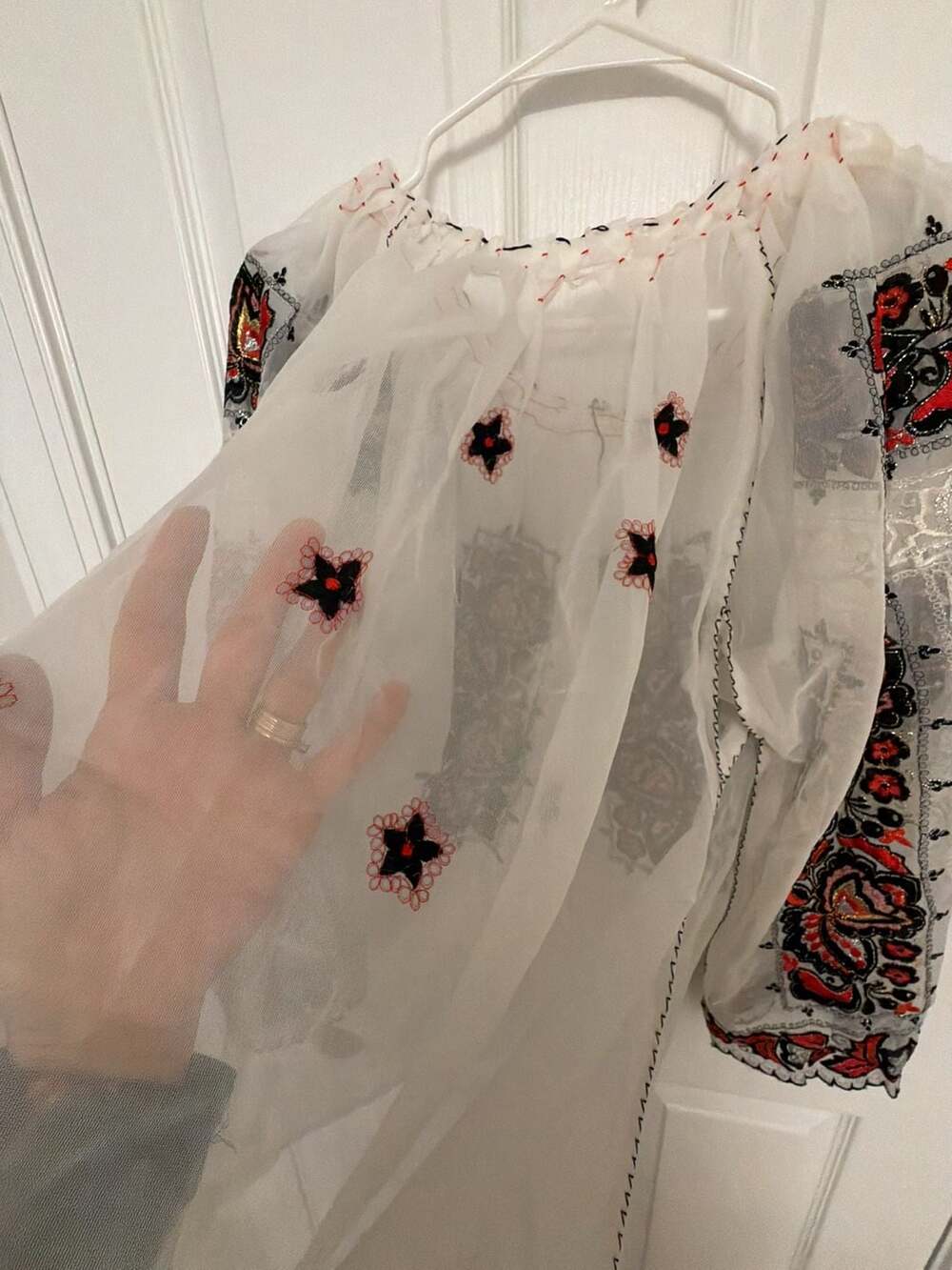 Vintage Sheer Embroidered Peasant Blouse White Floral Folk Style - Picture 10 of 11